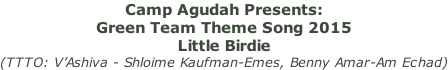 Camp Agudah Presents:  Green Team Theme Song 2015 Little Birdie  (TTTO: V’Ashiva - Shloime Kaufman-Emes, Benny Amar-Am Echad)